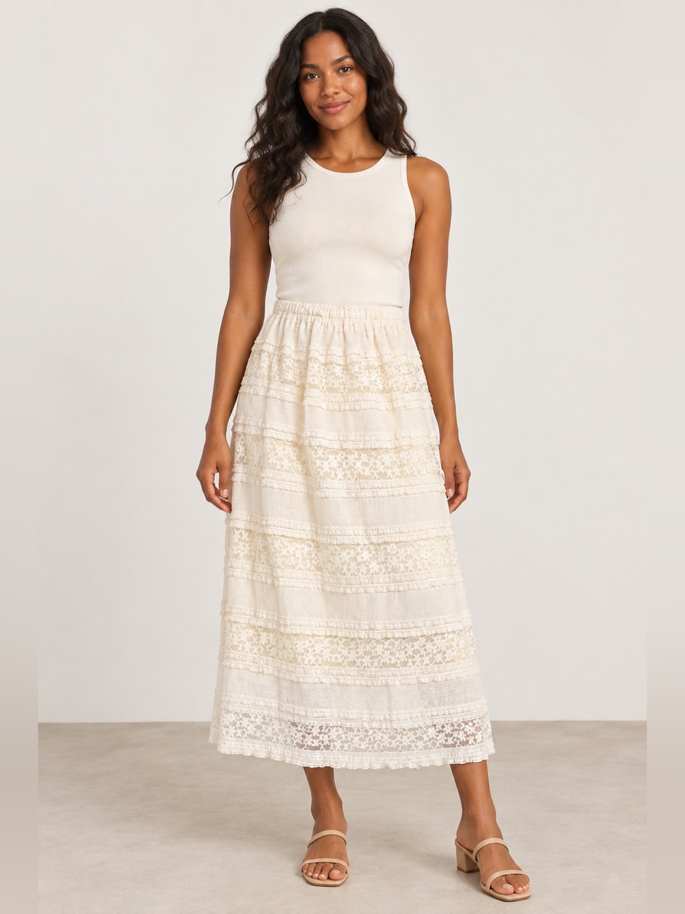 And Now This Ivory Lace Tiered Maxi Skirt Womens XS Boho Cottagecore Lined